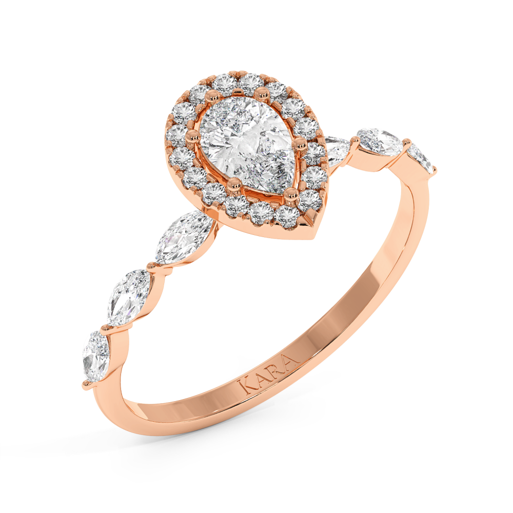 Engagement ring with a 0.30 ct Pear diamond and 0.21 ct Marquise and 0.09 ct round and 0.21 ct Marquise side diamonds