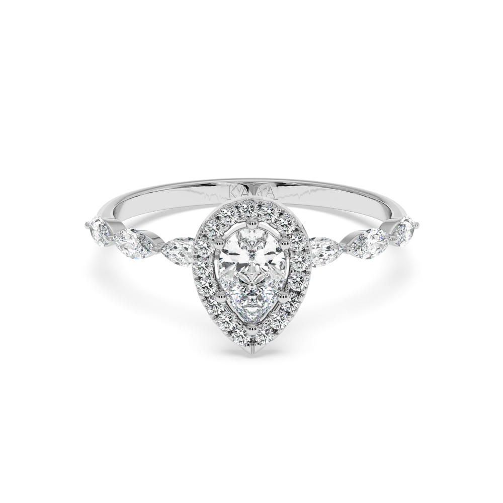 Engagement ring with a 0.30 ct Pear diamond and 0.21 ct Marquise and 0.09 ct round and 0.21 ct Marquise side diamonds