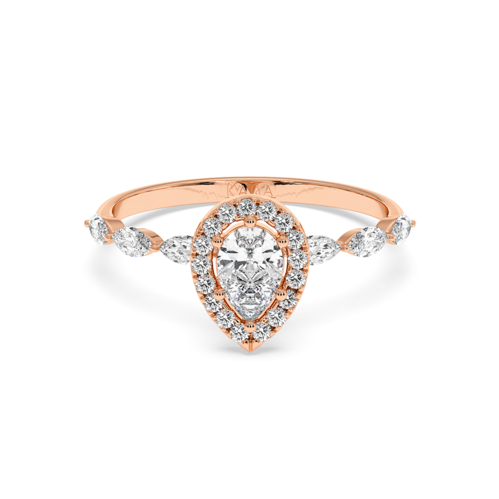 Engagement ring with a 0.30 ct Pear diamond and 0.21 ct Marquise and 0.09 ct round and 0.21 ct Marquise side diamonds