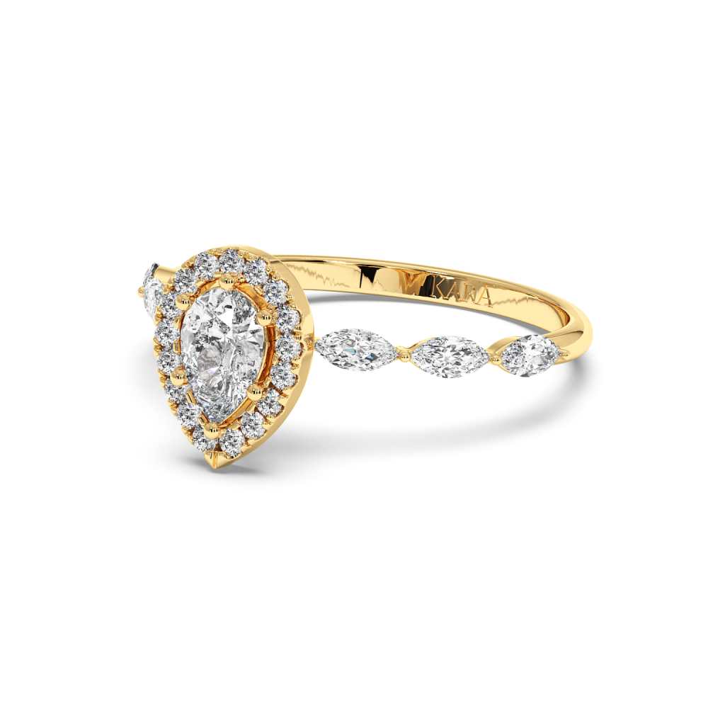 Engagement ring with a 0.30 ct Pear diamond and 0.21 ct Marquise and 0.09 ct round and 0.21 ct Marquise side diamonds
