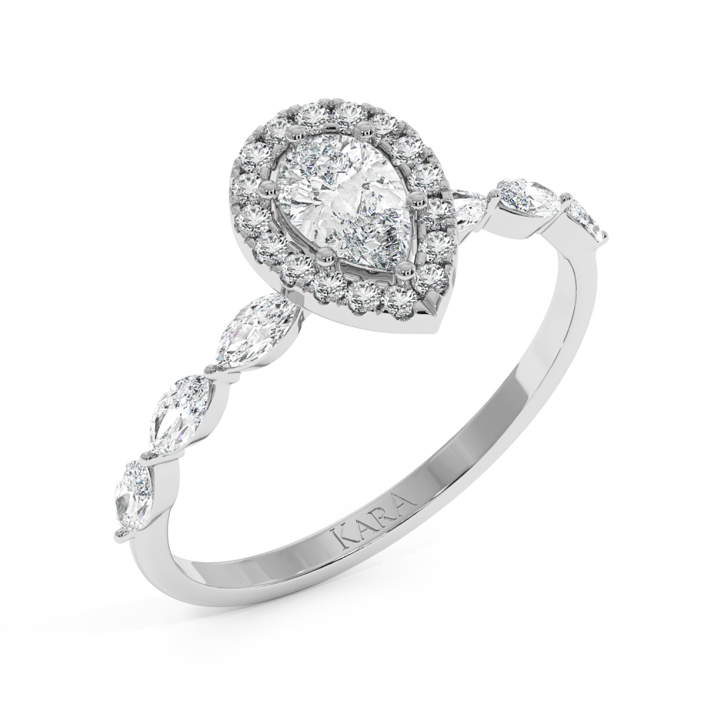 Engagement ring with a 0.30 ct Pear diamond and 0.21 ct Marquise and 0.09 ct round and 0.21 ct Marquise side diamonds