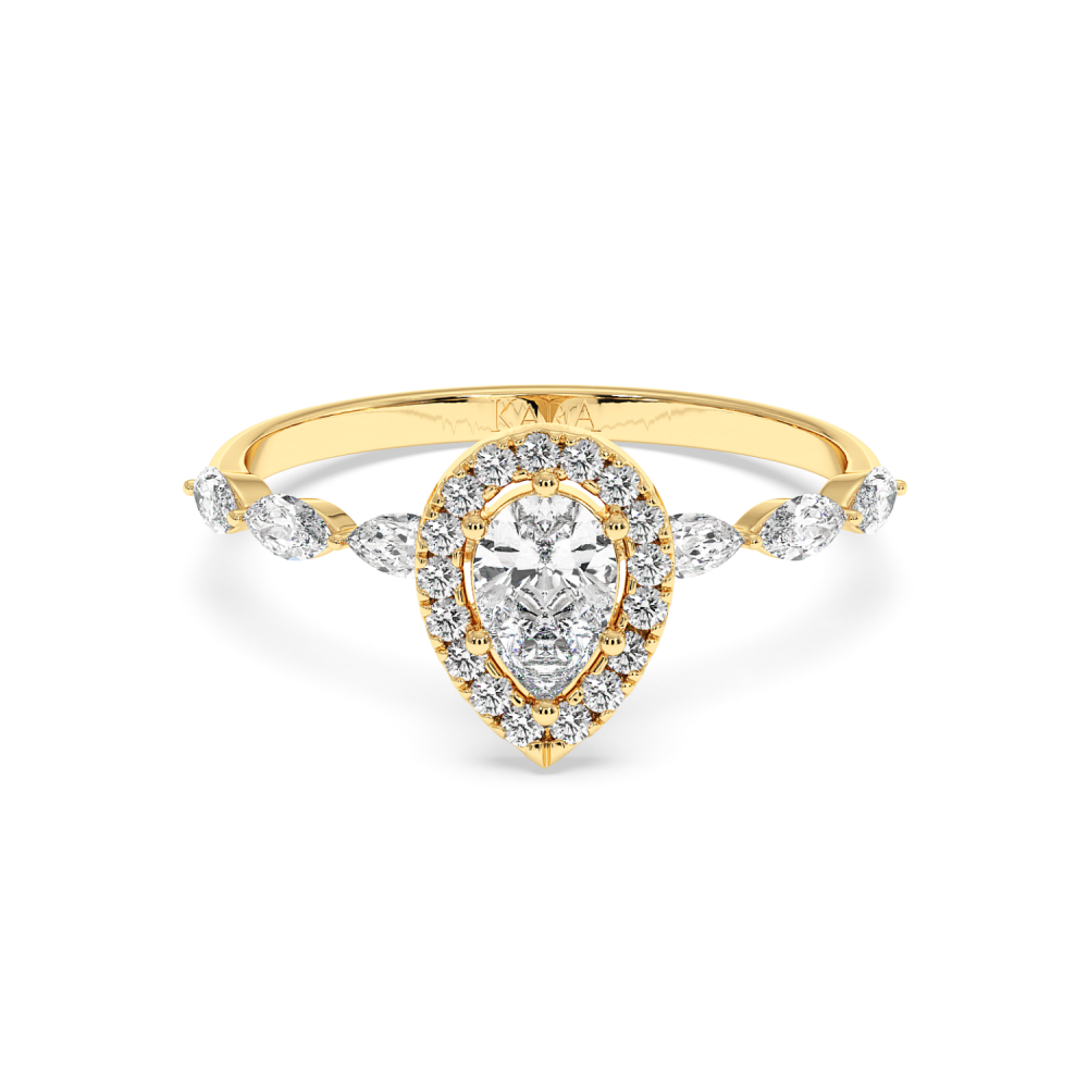Engagement ring with a 0.30 ct Pear diamond and 0.21 ct Marquise and 0.09 ct round and 0.21 ct Marquise side diamonds