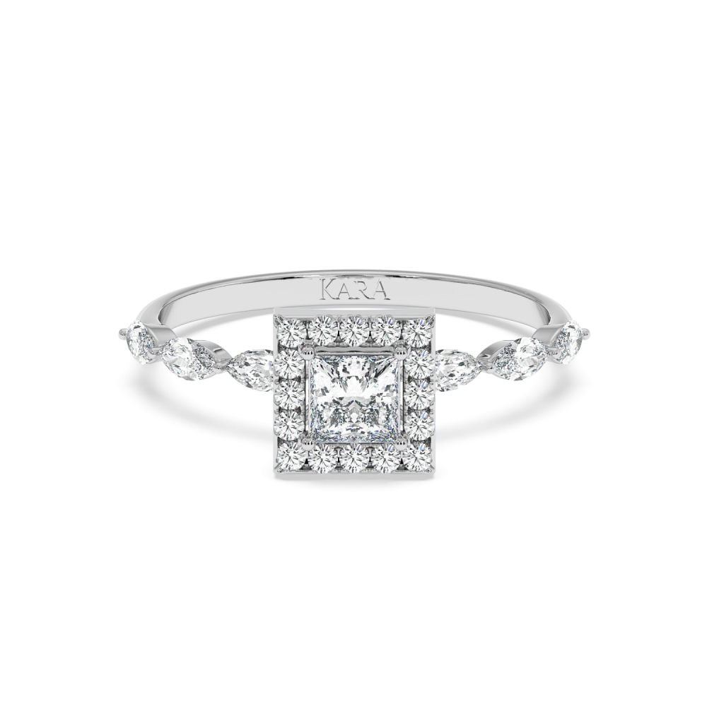 Engagement ring with 0.30 ct Princess cut diamond and 0.21 ct Marquise and 0.10 ct round and 0.21 ct Marquise side diamonds