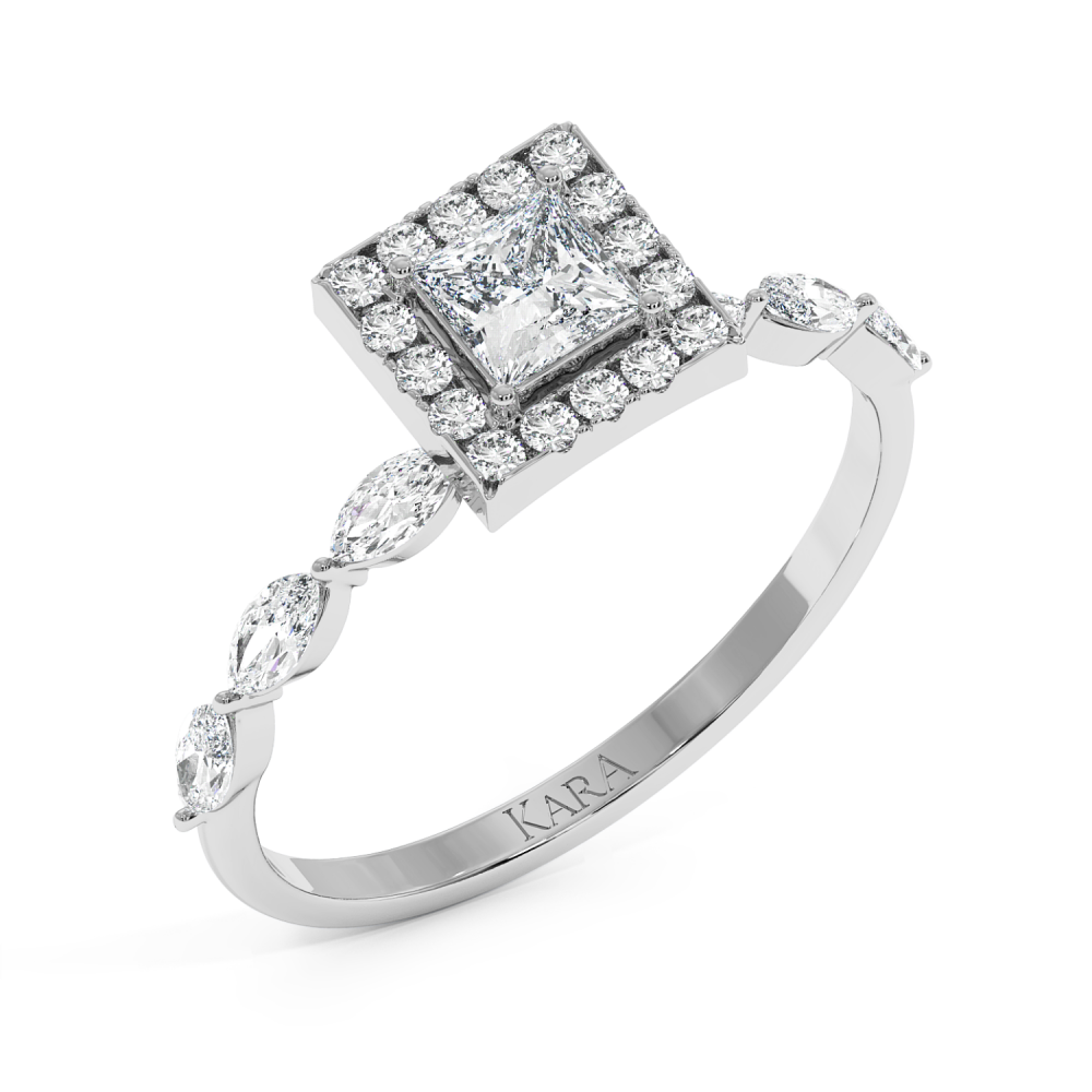 Engagement ring with 0.30 ct Princess cut diamond and 0.21 ct Marquise and 0.10 ct round and 0.21 ct Marquise side diamonds