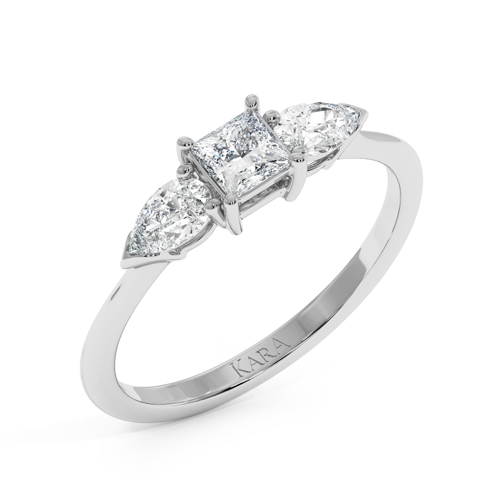Engagement ring with 0.30 ct Princess diamond and 0.19 ct Pear side diamonds