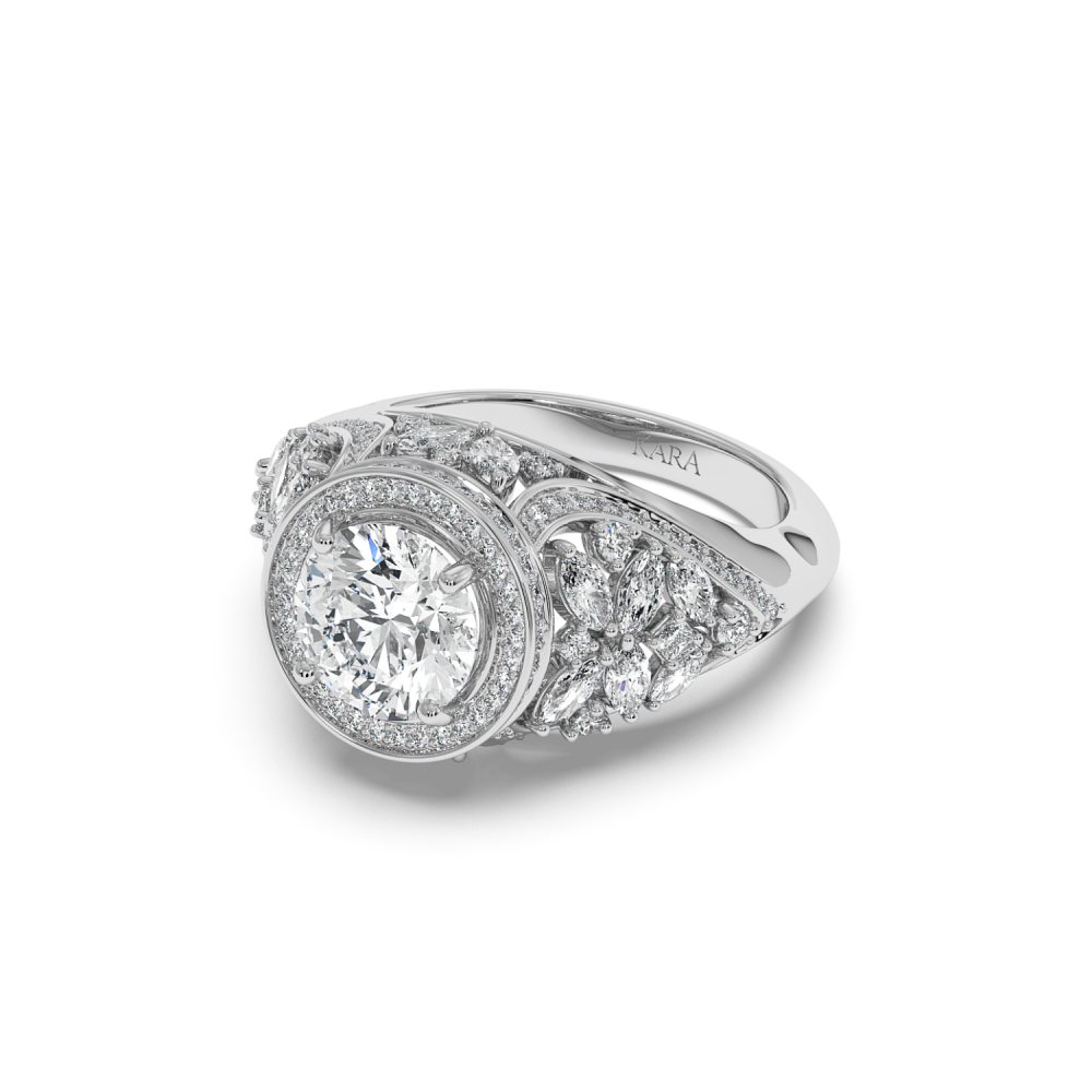 Imperial Engagement Ring with 2ct Round Center Diamond, 0.57ct Round Diamonds, 1.24ct Marquise Cut Diamonds and 0.05ct Princess Cut Diamonds