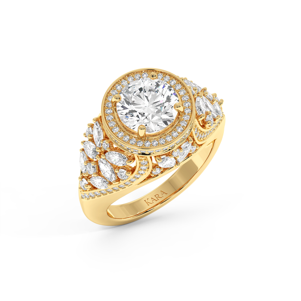 Imperial Engagement Ring with 2ct Round Center Diamond, 0.57ct Round Diamonds, 1.24ct Marquise Cut Diamonds and 0.05ct Princess Cut Diamonds