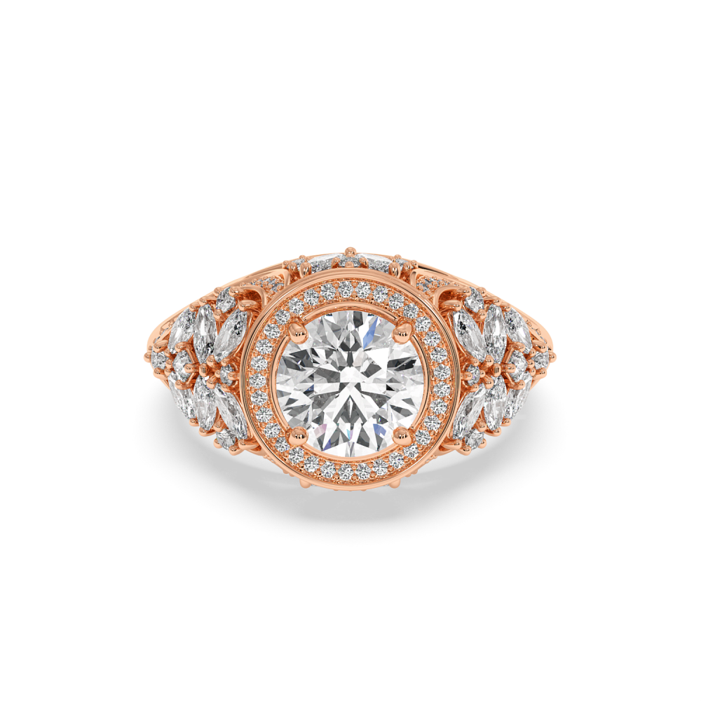 Imperial Engagement Ring with 2ct Round Center Diamond, 0.57ct Round Diamonds, 1.24ct Marquise Cut Diamonds and 0.05ct Princess Cut Diamonds