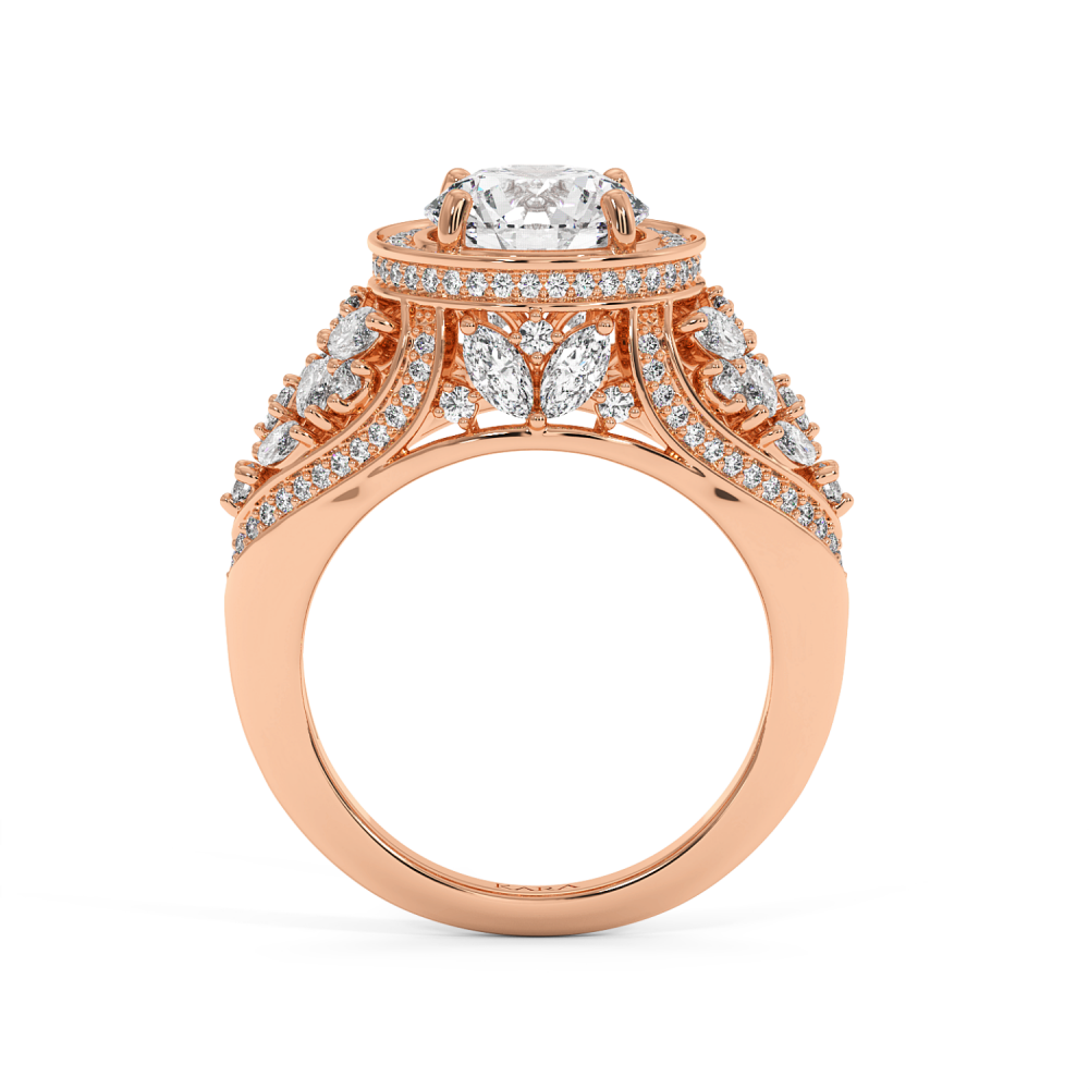 Imperial Engagement Ring with 2ct Round Center Diamond, 0.57ct Round Diamonds, 1.24ct Marquise Cut Diamonds and 0.05ct Princess Cut Diamonds