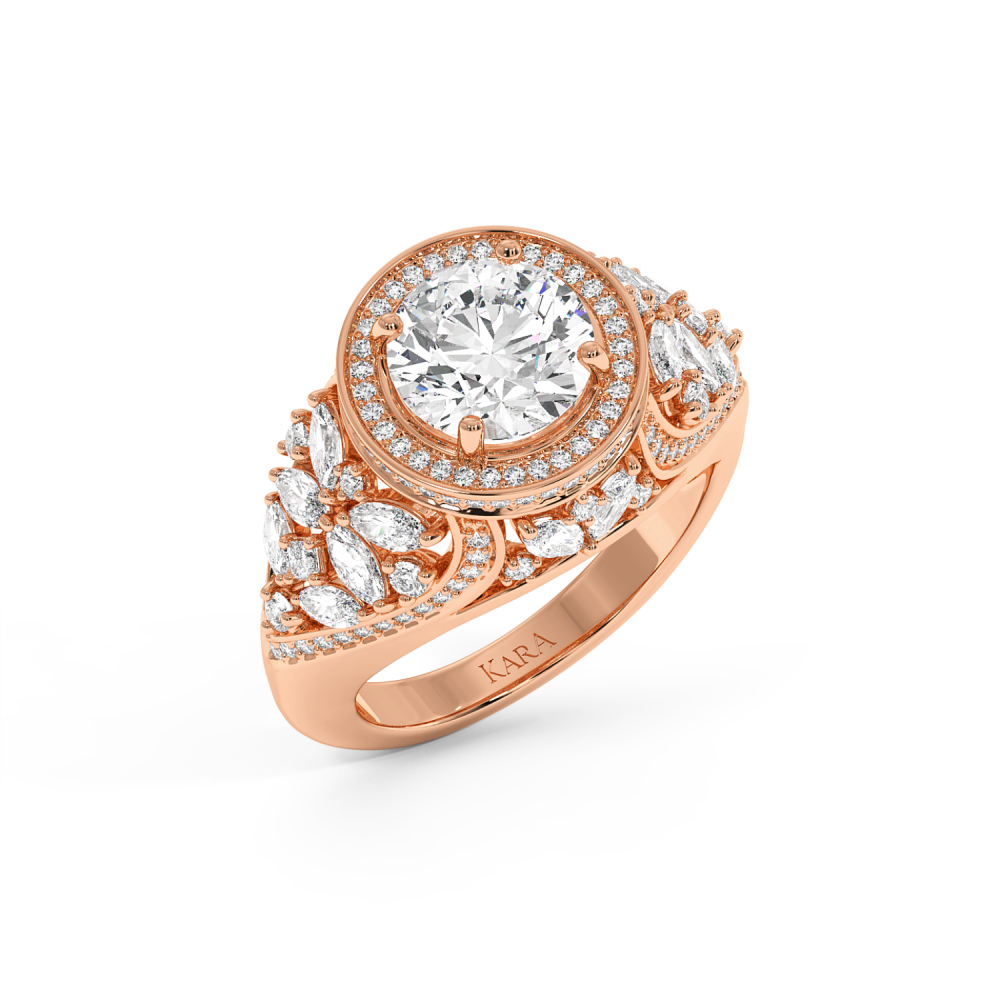 Imperial Engagement Ring with 2ct Round Center Diamond, 0.57ct Round Diamonds, 1.24ct Marquise Cut Diamonds and 0.05ct Princess Cut Diamonds