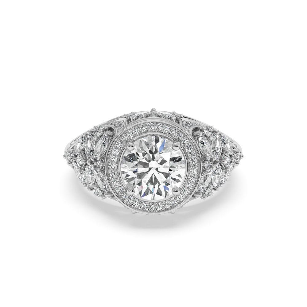 Imperial Engagement Ring with 2ct Round Center Diamond, 0.57ct Round Diamonds, 1.24ct Marquise Cut Diamonds and 0.05ct Princess Cut Diamonds