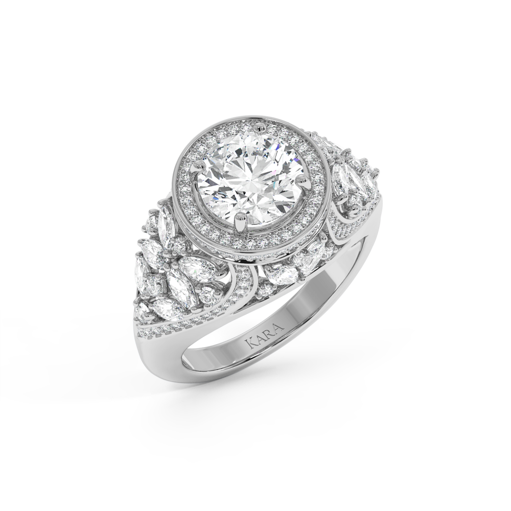 Imperial Engagement Ring with 2ct Round Center Diamond, 0.57ct Round Diamonds, 1.24ct Marquise Cut Diamonds and 0.05ct Princess Cut Diamonds