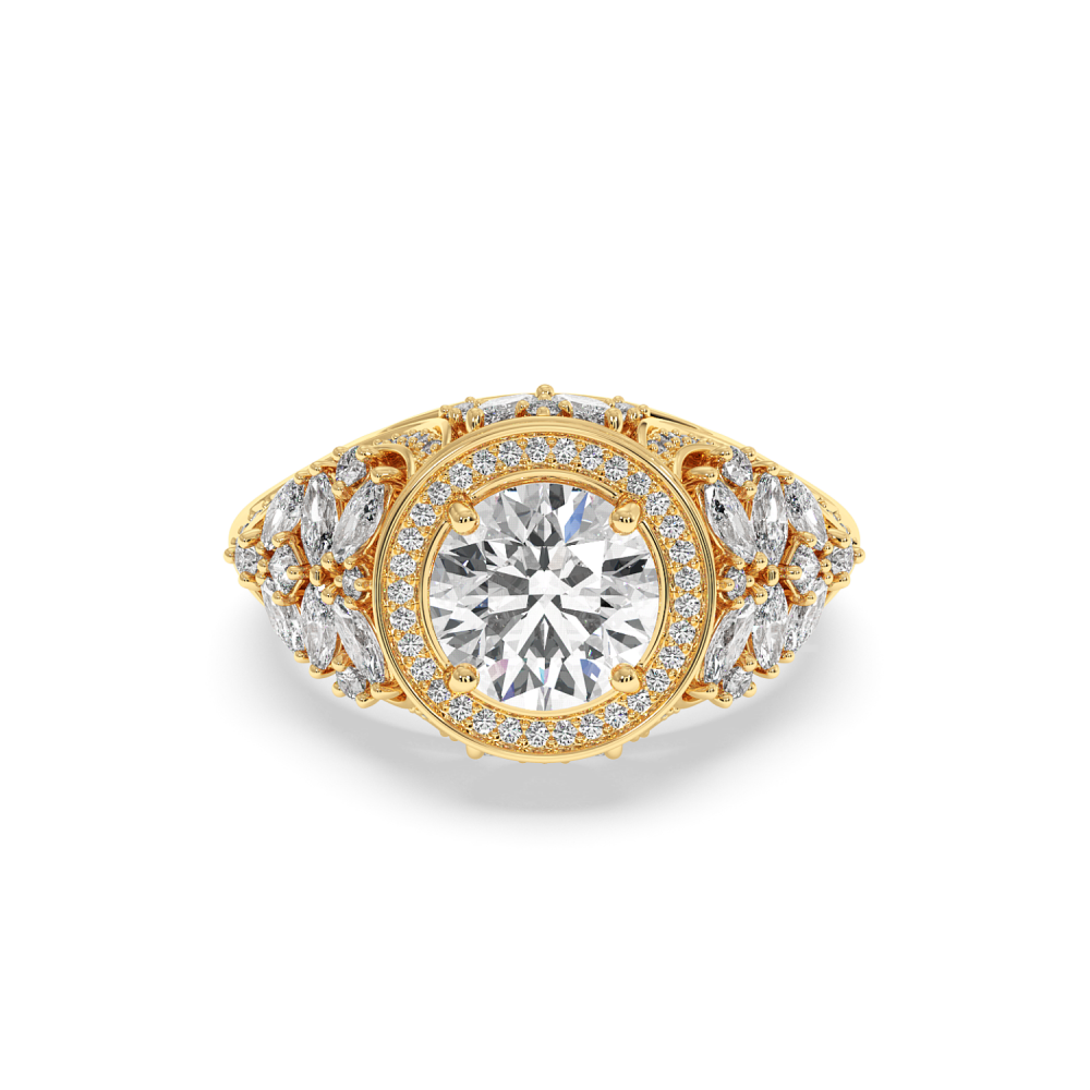 Imperial Engagement Ring with 2ct Round Center Diamond, 0.57ct Round Diamonds, 1.24ct Marquise Cut Diamonds and 0.05ct Princess Cut Diamonds