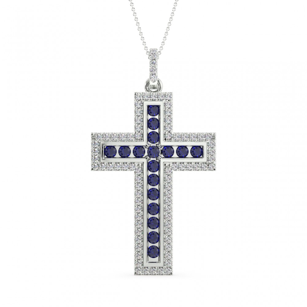 Cross pendant with 1.00 ct diamonds and 1.55 ct sapphires