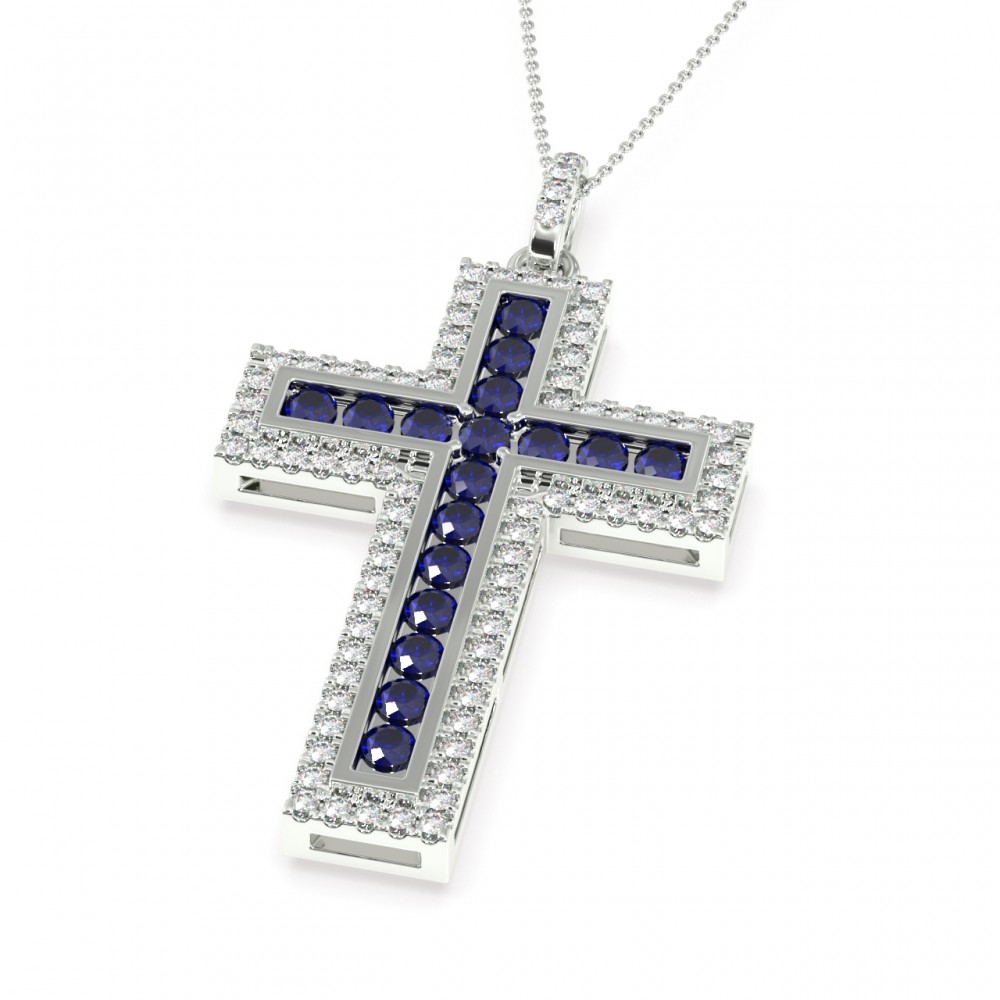 Cross pendant with 1.00 ct diamonds and 1.55 ct sapphires