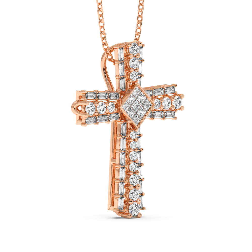 Cross Pendant with Round Diamonds 0.37ct, Baget Diamonds 0.54ct and Princess Cut Diamonds 0.18ct