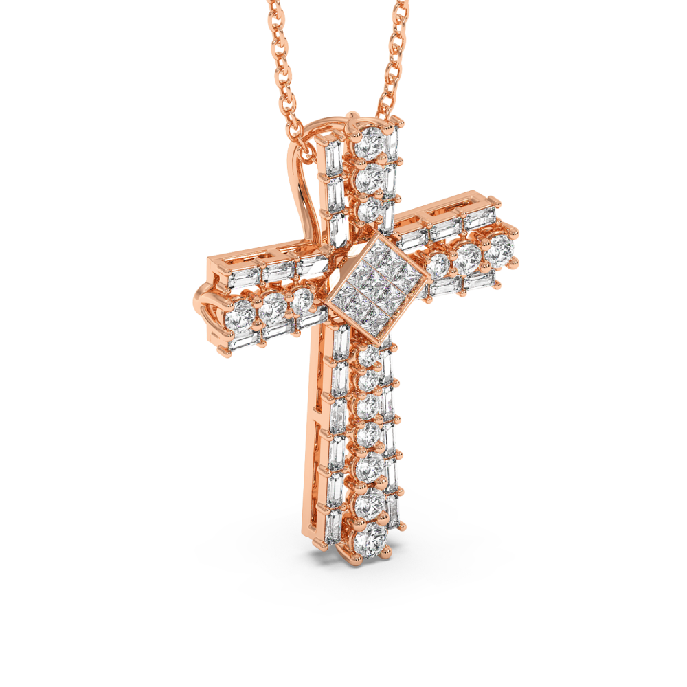 Cross Pendant with Round Diamonds 0.37ct, Baget Diamonds 0.54ct and Princess Cut Diamonds 0.18ct