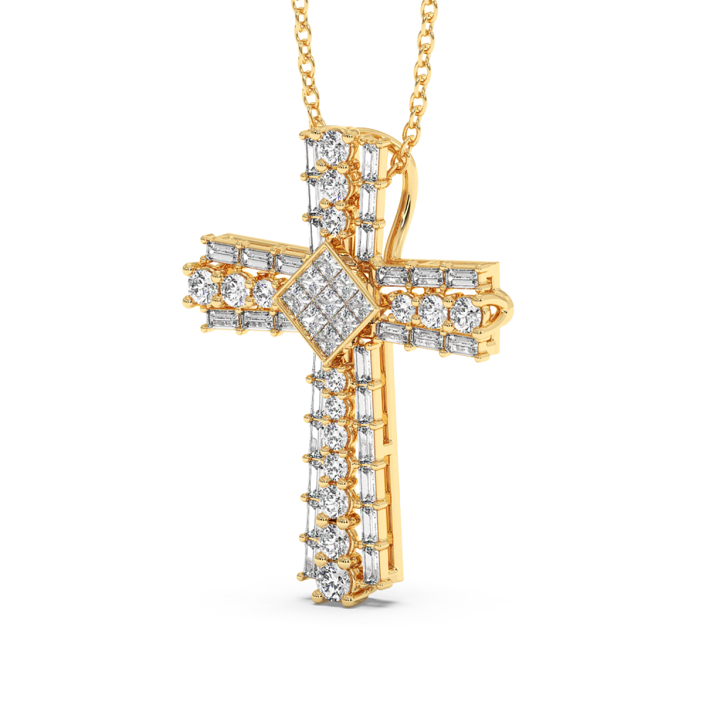 Cross Pendant with Round Diamonds 0.37ct, Baget Diamonds 0.54ct and Princess Cut Diamonds 0.18ct