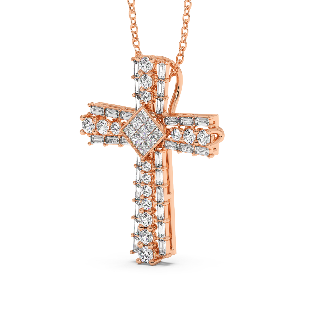 Cross Pendant with Round Diamonds 0.37ct, Baget Diamonds 0.54ct and Princess Cut Diamonds 0.18ct
