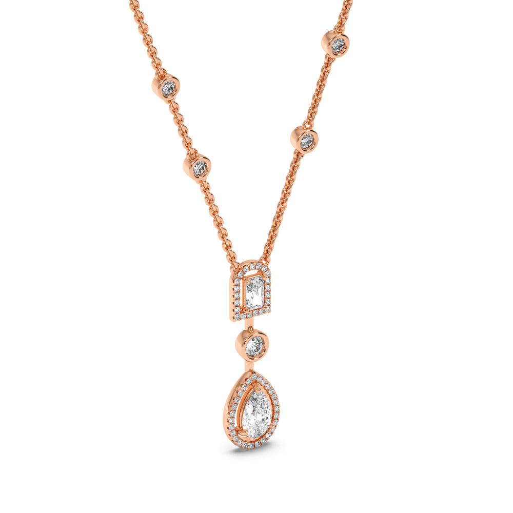 Pendant with 0.75ct Pear Cut Diamond, 0.30ct Emerald Cut Diamond and 0.90ct Round Diamonds