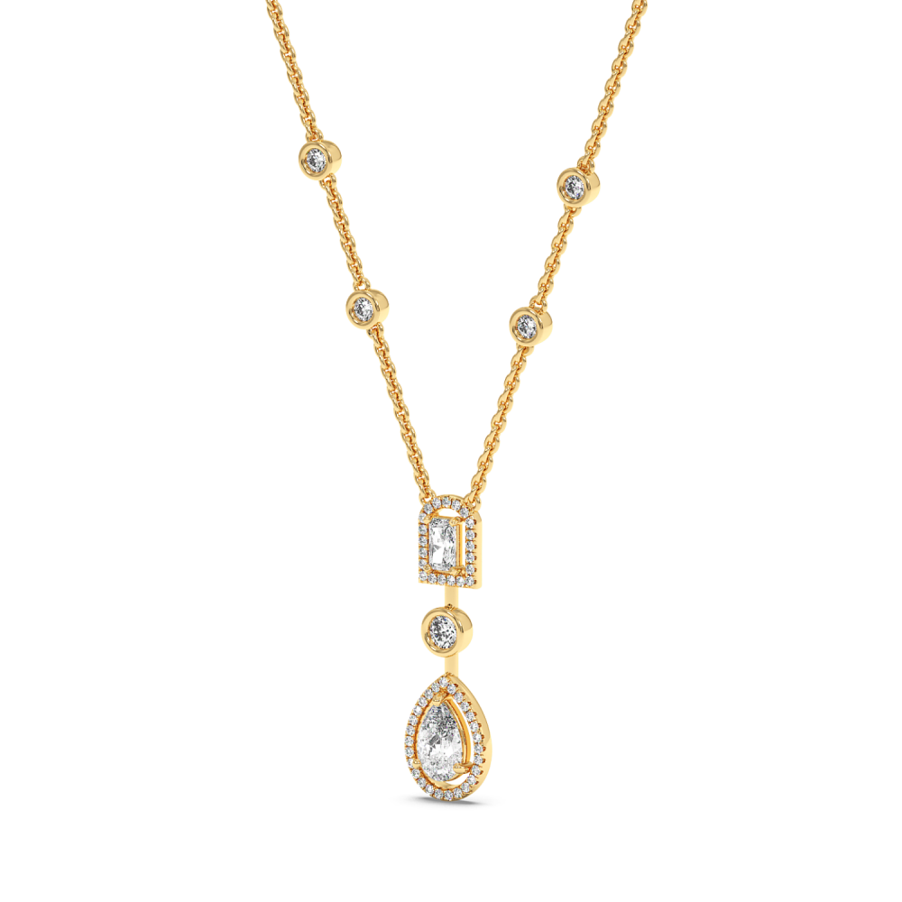Pendant with 0.75ct Pear Cut Diamond, 0.30ct Emerald Cut Diamond and 0.90ct Round Diamonds