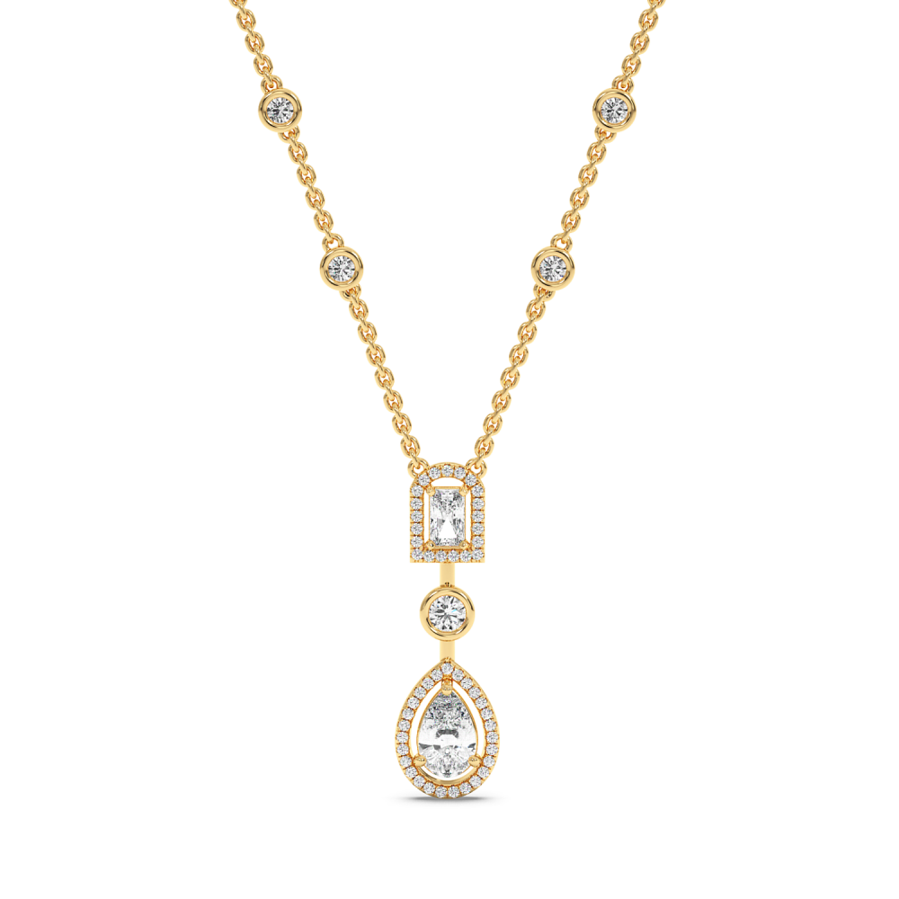 Pendant with 0.75ct Pear Cut Diamond, 0.30ct Emerald Cut Diamond and 0.90ct Round Diamonds