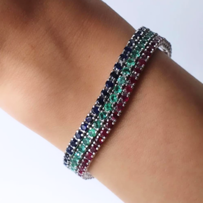 Triple bracelet with 4.92 ct rubies, 5.19 ct sapphires and 3.80 ct emeralds