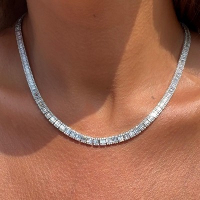 Tennis necklace with 7.96 ct baget and 3.38 ct round diamonds