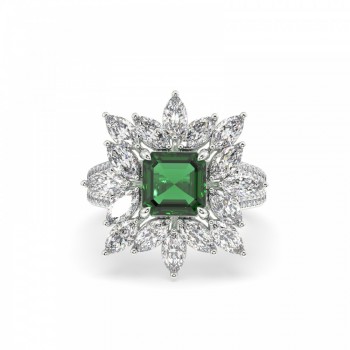Ring with 1.39 ct Marquise Diamonds, 0.18 ct Round Diamonds and 1.30 ct Emerald