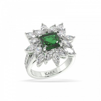 Ring with 1.39 ct Marquise Diamonds, 0.18 ct Round Diamonds and 1.30 ct Emerald