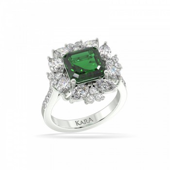 Ring with 1.85 ct Marquise Diamonds, 0.57 ct Round Diamonds and 3.56 ct Emerald