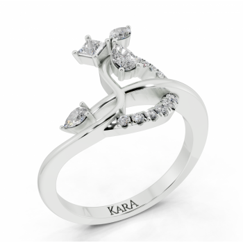 Ring with 0.14 ct Pear cut diamonds, 0.06 ct Marquise Cut, 0.12 ct Princess Cut diamonds and 0.06 ct round diamonds