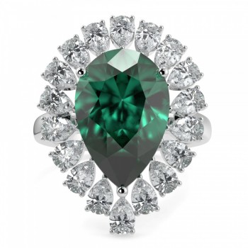 Ring with 1.95 ct Pear Diamonds and 6.07 ct Emerald