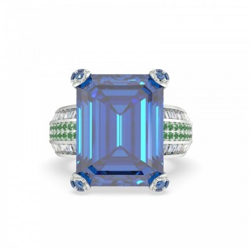 Ring with 1.00 ct Round Diamonds, 0.94 ct Baget Diamonds, 0.10 ct London Blue Topaz, 0.26 ct Emeralds and 20.5 ct London blue Topaz
