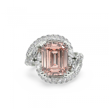Ring with 10.10ct Center Cut Emerald Cut Morganite, 1ct Pear Cut Diamonds and 2.40ct Round Diamonds