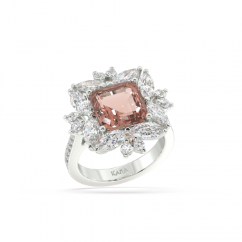 Ring with 4.10ct Central Emerald Square Cut Morganite, 1.62ct Lateral Marquise Cut Diamonds and 0.39ct Lateral Round Diamonds