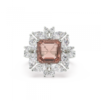 Ring with 4.10ct Central Emerald Square Cut Morganite, 1.62ct Lateral Marquise Cut Diamonds and 0.39ct Lateral Round Diamonds