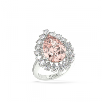 Ring with 6.05ct Central Pear Cut Morganite and 2.08ct Lateral Pear Cut Diamonds