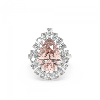 Ring with 6.05ct Central Pear Cut Morganite and 2.08ct Lateral Pear Cut Diamonds