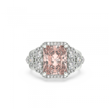 Ring with 6.14ct Central Radiant Cut Morganite and 0.83ct Lateral Round Diamonds
