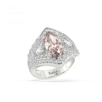 Ring with 2.21ct Central Cut Marquise Cut Morganite, 0.33ct Pear Cut Diamonds and 0.75ct Round Diamonds