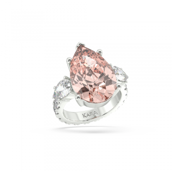 Ring with 10.07ct Central Pear Cut Morganite, 1.29ct Lateral Pear Cut Diamonds and 1.32ct Round Lateral Diamonds