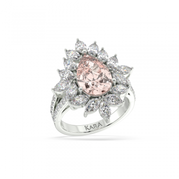 Ring with 2.41ct Central Pear Cut Morganite and 1.62ct Lateral Pear Cut Diamonds
