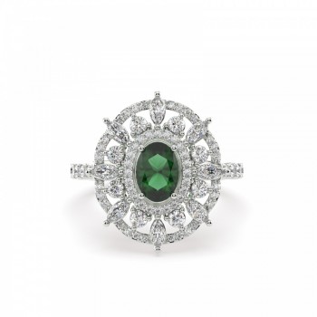 Ring with 0.56ct Center Cut Oval Cut Emerald, 0.52ct Marquise Cut Diamonds and 0.60ct Round Diamonds