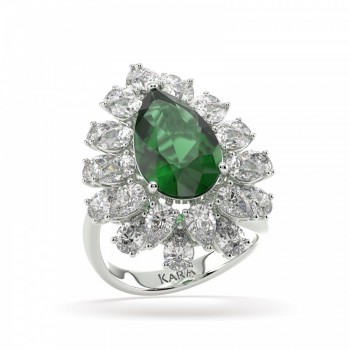 Ring with 3.20ct center Pear Cut Emerald and 3.53ct side Pear Cut Diamonds