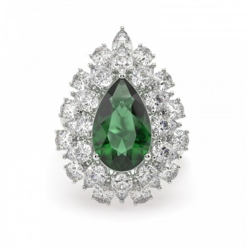 Ring with 3.20ct center Pear Cut Emerald and 3.53ct side Pear Cut Diamonds