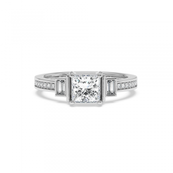 Ring with a 0.99ct Princess Cut Center Diamond, 0.06ct Baget Diamonds and 0.07ct Round Diamonds