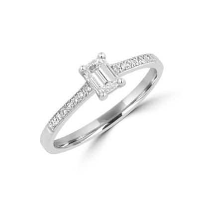 Engagement ring with 0.40 ct Emerald center diamond and 0.15 ct side diamonds