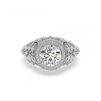 Imperial Engagement Ring with 2ct Round Center Diamond, 0.57ct Round Diamonds, 1.24ct Marquise Cut Diamonds and 0.05ct Princess Cut Diamonds
