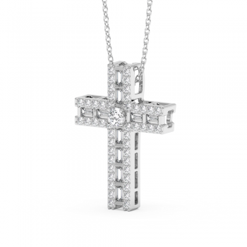 Cross Pendant with 0.13ct Round Center Diamond, 0.39ct Baget Diamonds and 0.39ct Round Diamonds